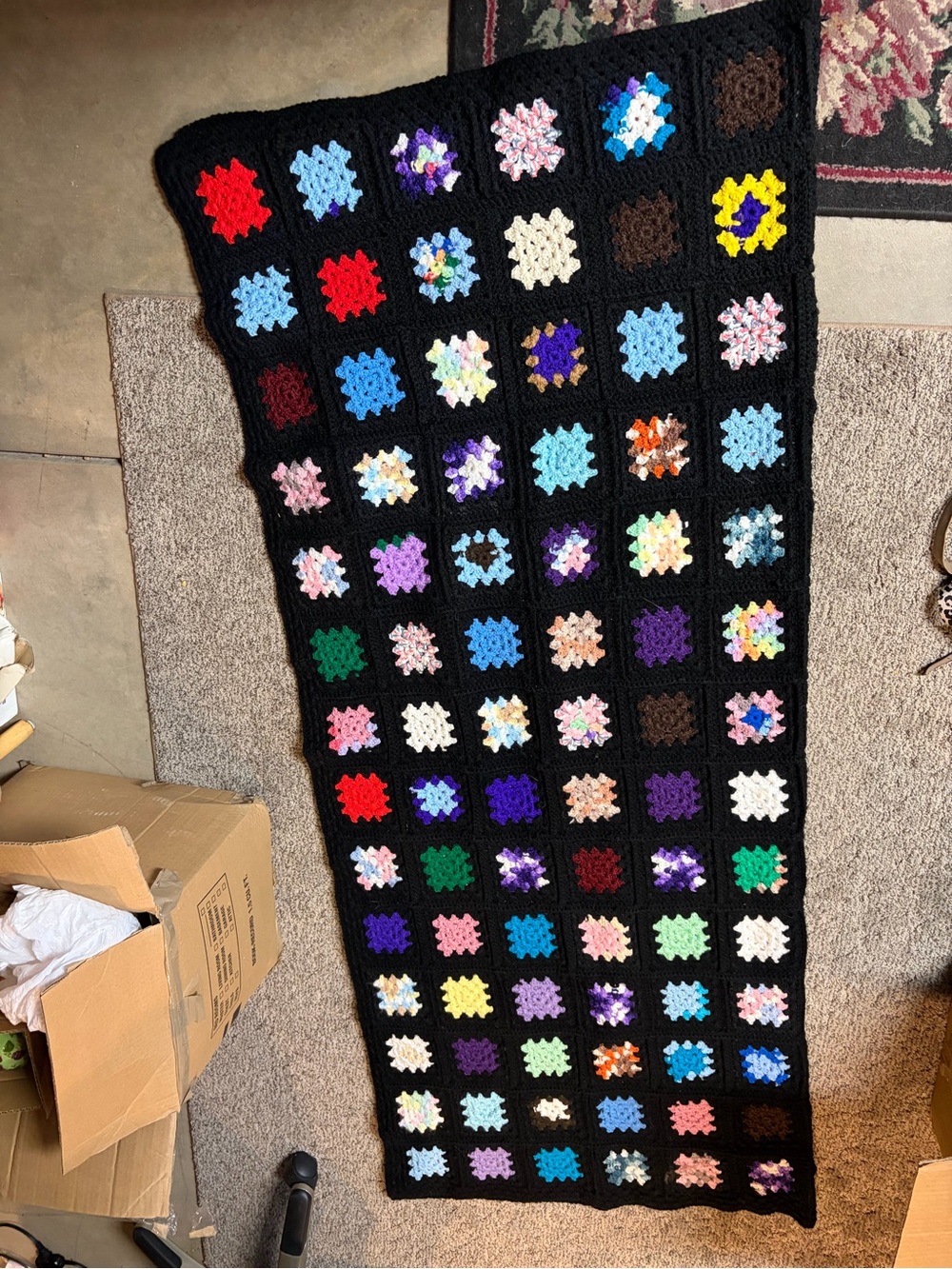 Handmade Black Granny Square Crochet Throw Blanket with Multi Color Accents